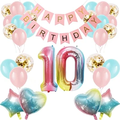 Image of Apradas Baby Girl 10th Birthday Decorations Gradient Color Age 10 Balloons with Happy Banner for Showers Tenth Party Supplies Girls Boys (10th Birthday)