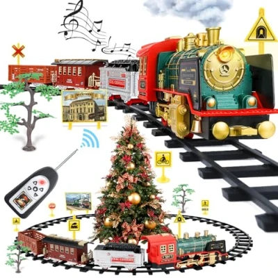 Image of FRUSE Remote Control Train Set,Electric R/C Toy for Kids w/Smokes,Lights &amp; Sound,Railway Kits w/Steam Locomotive Engine,Cargo Cars Tracks,Present 3 + Year Old