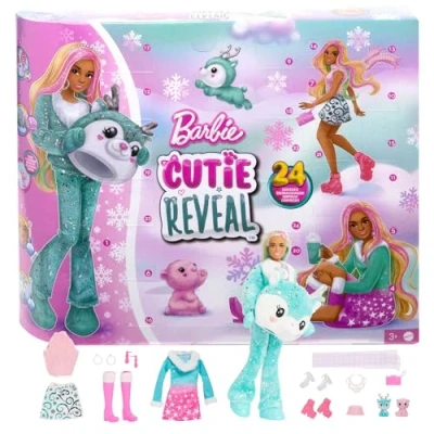 Image of Barbie Cutie Reveal Advent Calendar with Doll &amp; 24 Unboxing Surprises, Holiday Color Change, HJX76