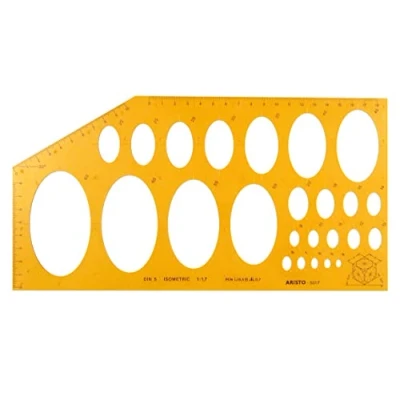 Image of Aristo AR5017 Elliptical Template Isometric (25 Ellipses on Axes, Diameter 4 to 65 mm, Ink Nubs, Dimensionally Stable Plastic) Orange/Transparent