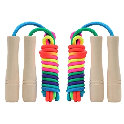Image of Skipping Rope Kids 2 Pack, Adjustable Children Jump with Wooden Handle, Rainbow Jumping for Girls and Boys(2.6M)