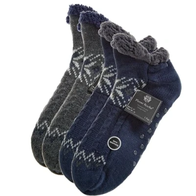 Image of Metzuyan 2 Pairs Mens Low Cut Lounge Socks Bed Sherpa Lined Super Warm Cosy Non Slip Size Grey and Navy 6 11