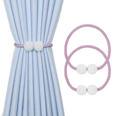 Image of Magnetic Curtain Tie Backs, Clips Rope Holder Buckles Small Bead Buckle Holders for Home Office Hotel Window Decoration (Purple, 2 PACK)