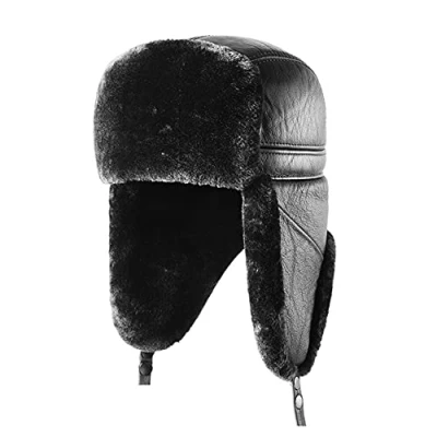 Image of DSLL Unisex Shearling Sheepskin Leather Aviator Russian Ushanka Trapper Winter Fur Hat Black