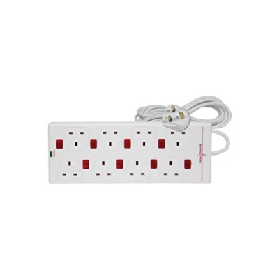 Image of Mercury 8 Gang UK Mains Extension Cable with Surge Protection &amp; Individual Neon ON/OFF Switches 2 Metre