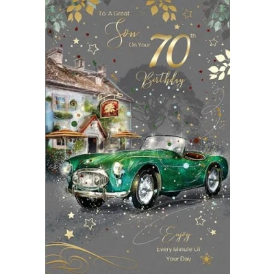 Image of Cherry Orchard Son 70th Birthday Card, from Grace Range, complete with Gold Envelope