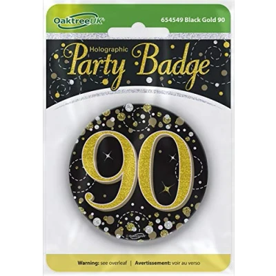 Image of OakTree 3&quot; Badge 90th Birthday Sparkling Fizz Black Gold Holographic