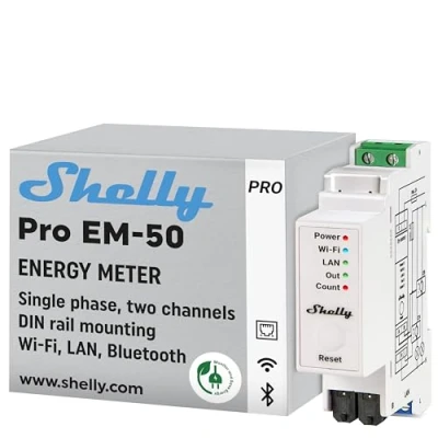 Image of Shelly Pro EM 50A Wi Fi &amp; Bluetooth Energy Meter with Contactor Control DIN Rail Home Automation Compatible Alexa Google iOS Android App No Hub Required Power Monitoring