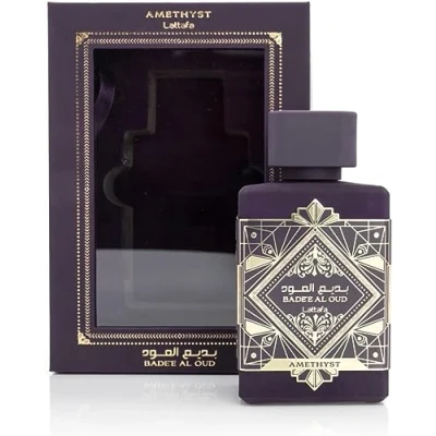 Image of Eau de Parfum Badee al Oud Amethyst 100 ml for men and women. An oriental fragrance from Dubai in Arabic, Pear, Turkish Rose, Jasmine, Vanilla, Amber, notes