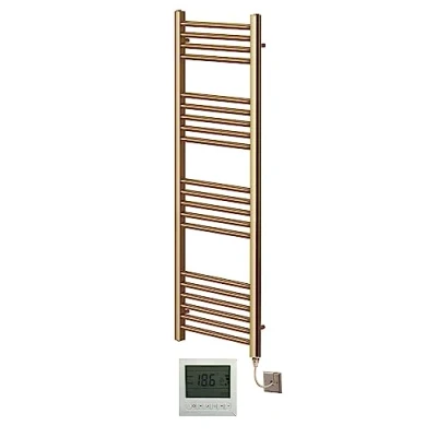 Image of Greened House Electric Brushed Brass Straight Heated Towel Rail 300mm Wide x 1200mm High Flat Radiator + Timer and Thermostat