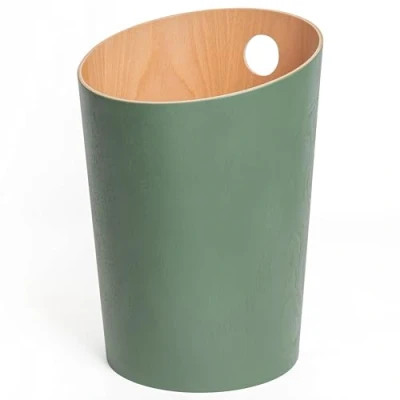 Image of Kazai.® Design Paper Bin &#039;Bennet&#039; Unique Waste Basket for Office, Bedroom, Children&#039;s Room, and More Office Made of Real Wood Veneer Green