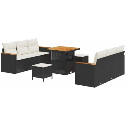Image of vidaXL 9 Piece Garden Sofa Set with Cushions Black Poly Rattan Acacia