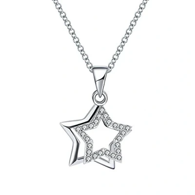 Image of Belons Womens Necklace 925 Sterling Silver AAA Cubic Zirconia Double Stars Pendant Necklace, 18 Inch Chain