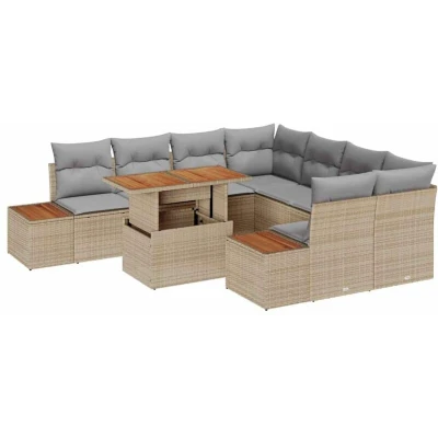 Image of vidaXL 9 Piece Garden Sofa Set with Cushions Beige Poly Rattan
