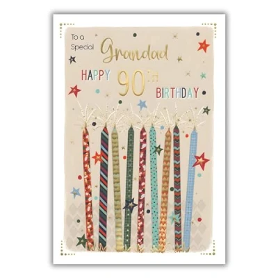 Image of Grandad 90th Birthday Card Age 90 Special Modern Candles and Stars Design Finishes Made in the UK