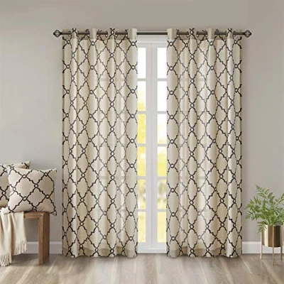 Image of Madison Park Saratoga Single Window Curtain Light Filtering Fretwork Print 1 Panel Grommet Top Drape for Living Room Bedroom and Dorm, 50x84, Khaki/Black
