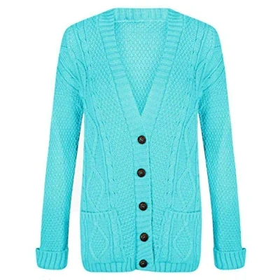 Image of WearAll Womens Cable Knitted Button Cardigan Long Sleeve Ladies Boyfriend Top Turquoise 20 22