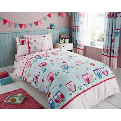 Image of GC GAVENO CAVAILIA Easycare Kids Rotary Bed Set with Duvet Cover Fitted Sheet and Pillow Case, Polycotton, Owl DS, Single