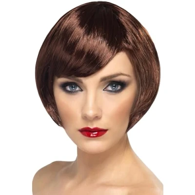 Image of Smiffys Babe Wig, Brown Short Bob with Fringe, Ladies Glamour Wigs Fancy Dress, Adult Dress Up