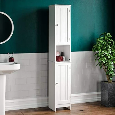 Image of Bath Vida Priano Bathroom Cabinet Storage Cupboard Floor Standing Wooden Tallboy Unit, White
