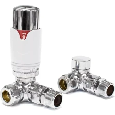 Image of Team Controls Designer Corner Thermostatic Radiator Valve &amp; Towel Rail valves TRV with Lockshield Chrome White 15mm x 1/2&quot;