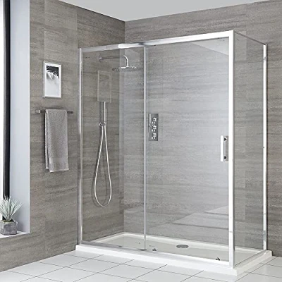 Image of Milano Portland Chrome Reversible Corner Walk in Sliding Door Shower Enclosure and White Tray 1000mm x 800mm