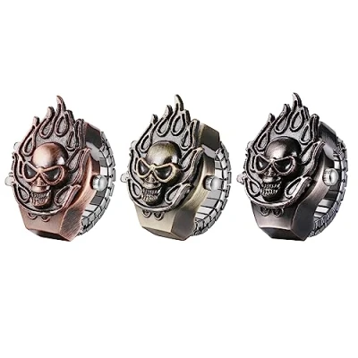 Image of JewelryWe Men Women Finger Watch Punk Skull Flip Open Cover Quartz Analog Ring Watches, Adjustable Size, for Halloween