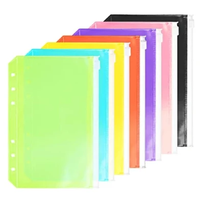 Image of 7 Pack A5 6 Holes Binder Pockets Plastic Zipper Folders Waterproof Loose Leaf Bags Zip Lock Envelope for Documents Notebooks Cards (Zip Pocket, A5)