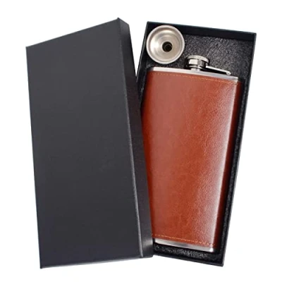 Image of Joy Depot Hip Flasks for Men 12oz with Funnel Stainless Steel Pocket Flask Alcohol Discrete Shot Drinking of Whiskey Rum Vodka Gift Brown