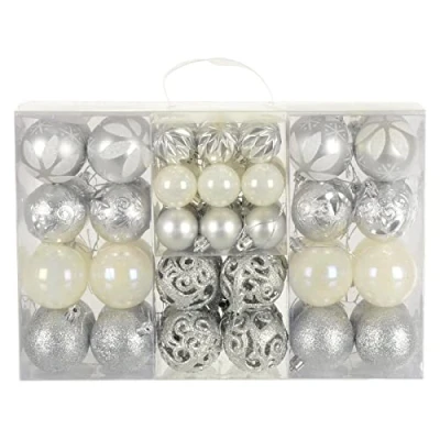Image of Set of 67 Christmas Baubles Tree Decorations Assorted Designs Sizes Carry Case Silver