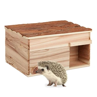 Image of Relaxdays Hedgehog House, with Floor, Door Entrance, Wooden, Protect, Hibernation, Hutch, HxWxD: 21x40x30 cm, Natural, Wood, 21 x 40 30 cm
