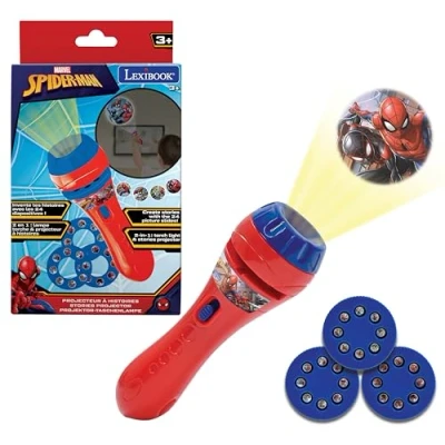 Image of LEXIBOOK LTC050SP, Spider Man torch light and projector with 3 discs, 24 images, create your own stories, White, 3.7 x 11.5 centimeters
