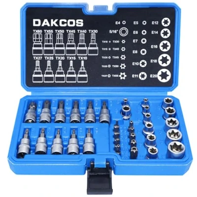 Image of DAKCOS 34 Piece Torx Socket Set and Female E Star Set,Include 12PCS E4 E20 Nuts Set,11PCS T10 T60 Bit Sockets,10PCS T55 Security 1PC Adapter