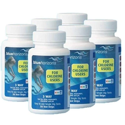 Image of Blue Horizons 3 Way Chlorine Test Strips (6 x 50) One Dip Hot Tub Spa Pool Water Testing (300 Strips)