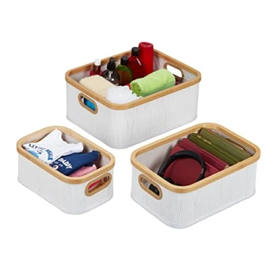 Image of Relaxdays Basket x3, Bathroom Storage in 3 Sizes, with Handles, Bamboo &amp; Polyester, Decorative, Stackable, White, 16.5 x 41 33 cm