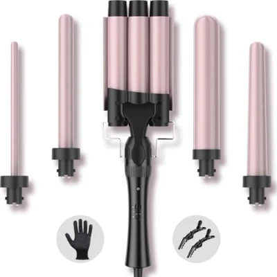 Image of Hair Waver Curling Wand Iron Tong, Chopstick, 5 in 1 Curler for Long 10mm 32mm with 2 Crocodile Clips Anti Scald Silicone Gloves, PTC Ceramic Triple Barrels LCD 180C &amp; 210C Rose Gold