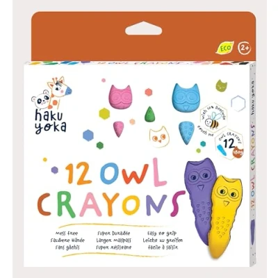 Image of Haku Yoka Owl Crayons, 12 Colours, Mess Free, Super Durable and Easy to Grip Crayons for Ages 2 years+, Natural Beeswax &amp; Organic Mineral Coloured Crayon
