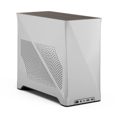 Image of Fractal Design Era 2 ITX PC Case in Silver Sleek Anodized Aluminum, Solid Walnut Top, Supports 3 Slot GPUs, PCIe 4.0 Riser Cable included
