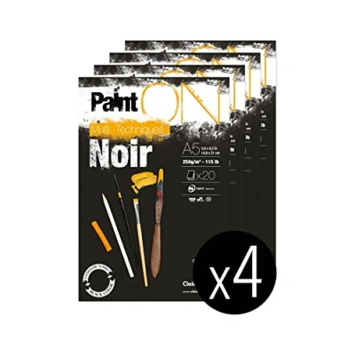 Image of Clairefontaine 975168C A glued pad of Paint&#039;On drawing paper 20 sheets 14.8x21 cm 250g, Black Pack 4 pads