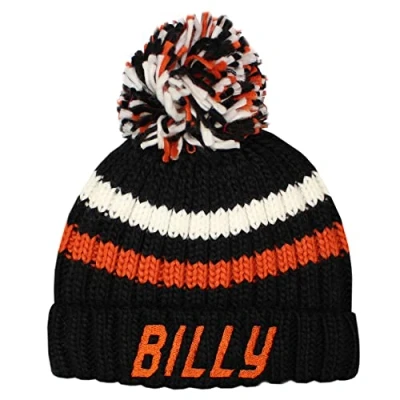 Image of TeddyTs Personalised Boy&#039;s Striped Chunky Knit Bobble Hat with Pom (2 6 Years) (Orange &amp; Black)