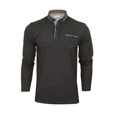 Image of Xact Men&#039;s Long Sleeved Polo T Shirt, 100% Cotton Pique, Slim Fit, Contrast Button Down Collar (Charcoal) S