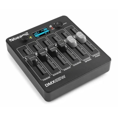 Image of beamz DMX65W Wireless DMX Lighting Controller with Timer, Mains or Battery Powered, 30 Channel 7 Universe, OLED Display, RJ45 &amp; 2.4Ghz Connection for Uplights, Wash, PAR Lights