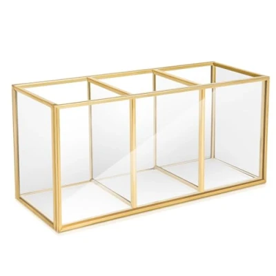 Image of Gold Makeup Brush Holder Organizer, Organiser with 3 Compartments, &amp; Transparent Cosmetic Storage Box for Brushes, Eyeliner, Lipstick and More