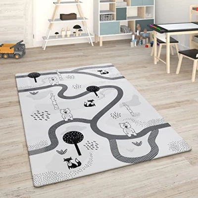 Image of Paco Home Kids Rug Children&#039;s Room Play Mat Baby Car Rug, Size:120x160 cm, Colour:White