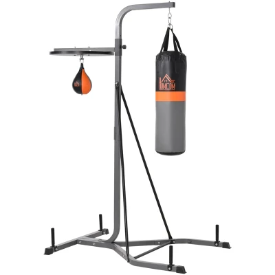 Image of HOMCOM Freestanding Boxing Punch Bag &amp; Speed Ball Station Hanging Frame Training Exercise Platform Home Gym Heavy Duty, Grey
