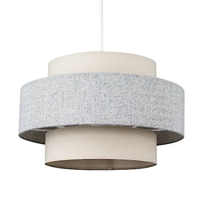 Image of Modern Cylinder Ceiling Pendant Light Shade in a Cream &amp; Grey Herringbone Finish