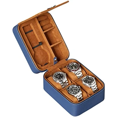 Image of ROTHWELL 5 Watch Travel Case Storage Organizer for Watches Tough Portable Protection w/Zipper Fits All Wristwatches &amp; Smart Up to 50mm (Blue/Tan)