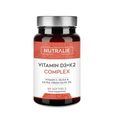 Image of Vitamin D3 1.000 IU per day + K2 MK7 High Strength and Absorption Contributes to the Immune System, Bones Muscles with D3, K2, C, Silicon Extra Virgin Olive Oil 60 Softgel Nutralie