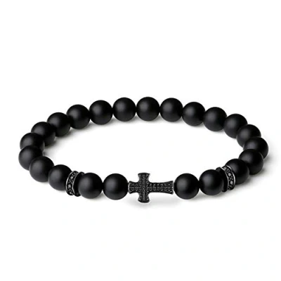 Image of COAI Religious Jewelry Cross Matte Onyx Black Stone Bracelet, Beaded Jesus Bracelet M