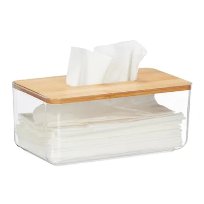 Image of Relaxdays Tissue Box, Bamboo Lid, for Bathroom, Paper Dispenser, HxWxD 10 x 23.5 13 cm, Plastic, Transparent/Natural